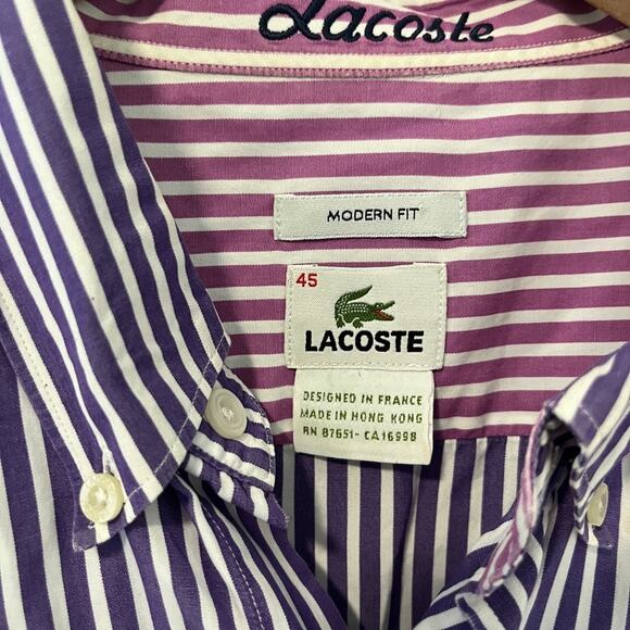 Lacoste Men's Purple & White Stripe Button Up Top Size 45 - Picture 4 of 8